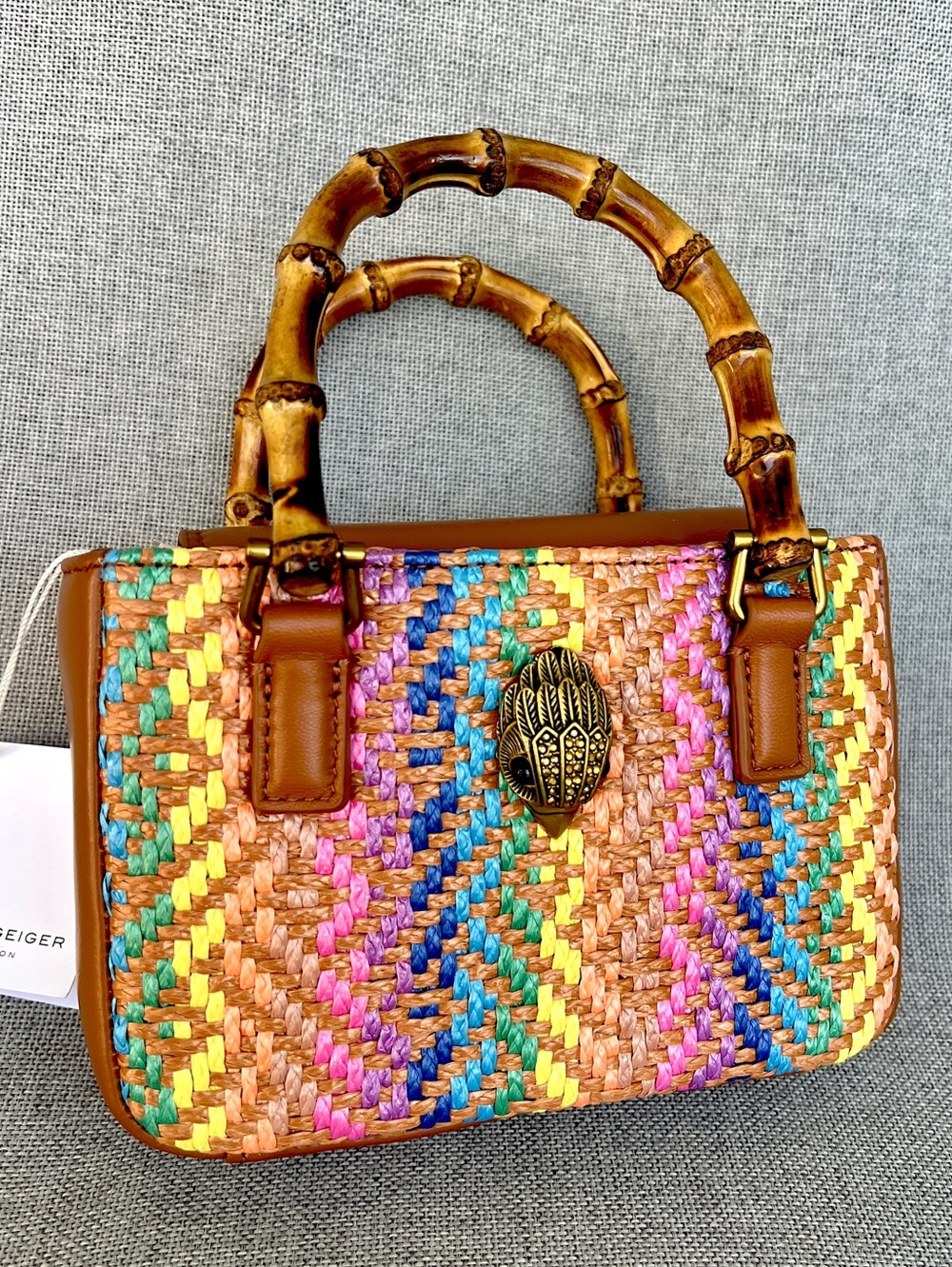 Kurt Geiger Kensington Mini woven raffia leather bamboo handle satchel crossbody